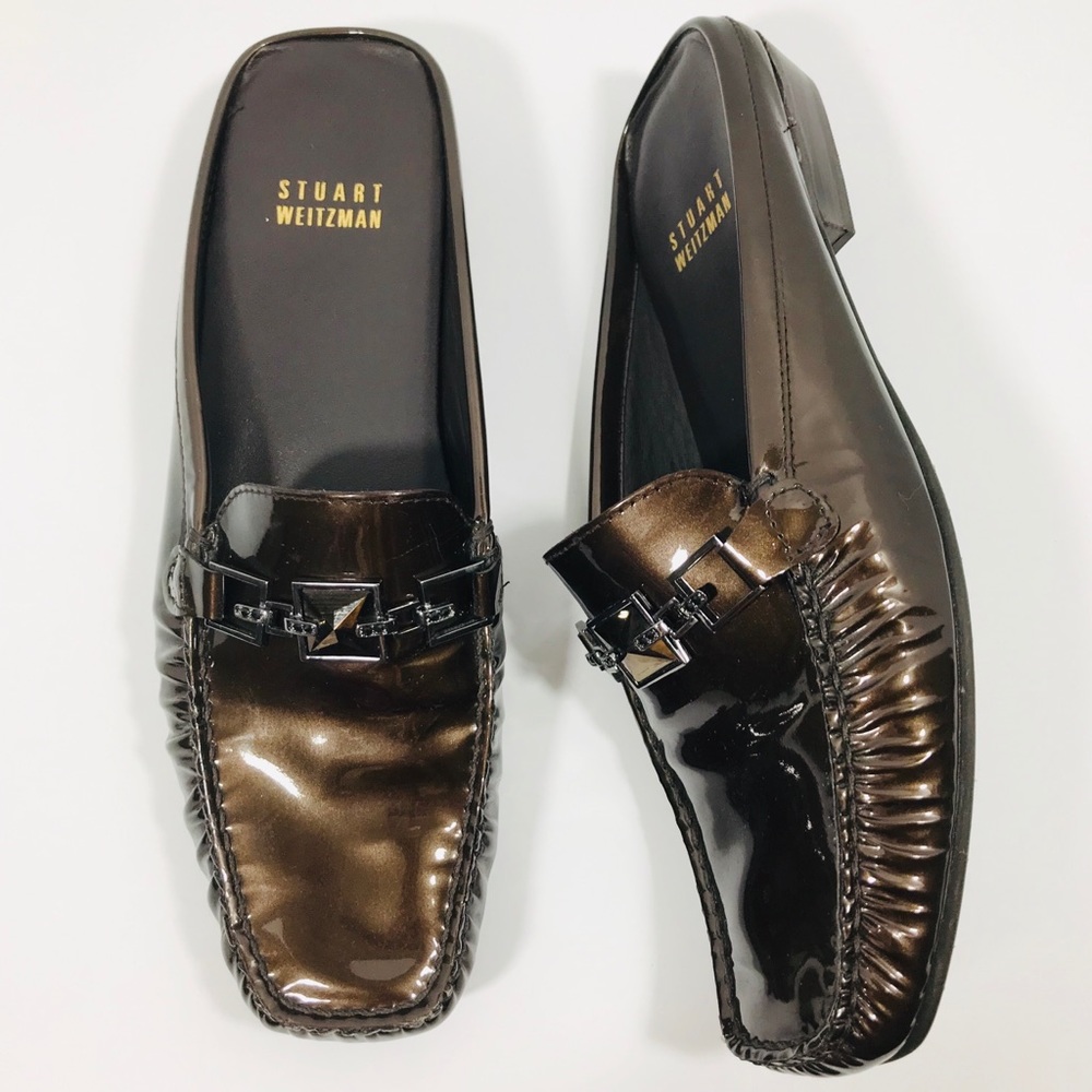 Stuart Weitzman Bronze Embellished Patent Mule Euc - image 1